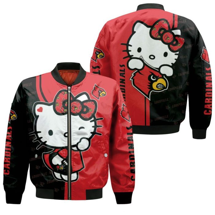 Hello Kitty Hug Louisville Cardinals Logo 3D Bomber Jacket