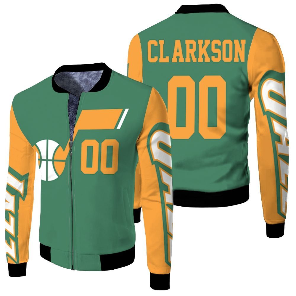 Jazz-Jordan-Clarkson-2020-21-Earned-Edition-Green-Inspired-Fleece-Bomber-Jacket Jazz Jordan Clarkson 2020-21 Earned Edition Green Inspired Fleece Bomber Jacket