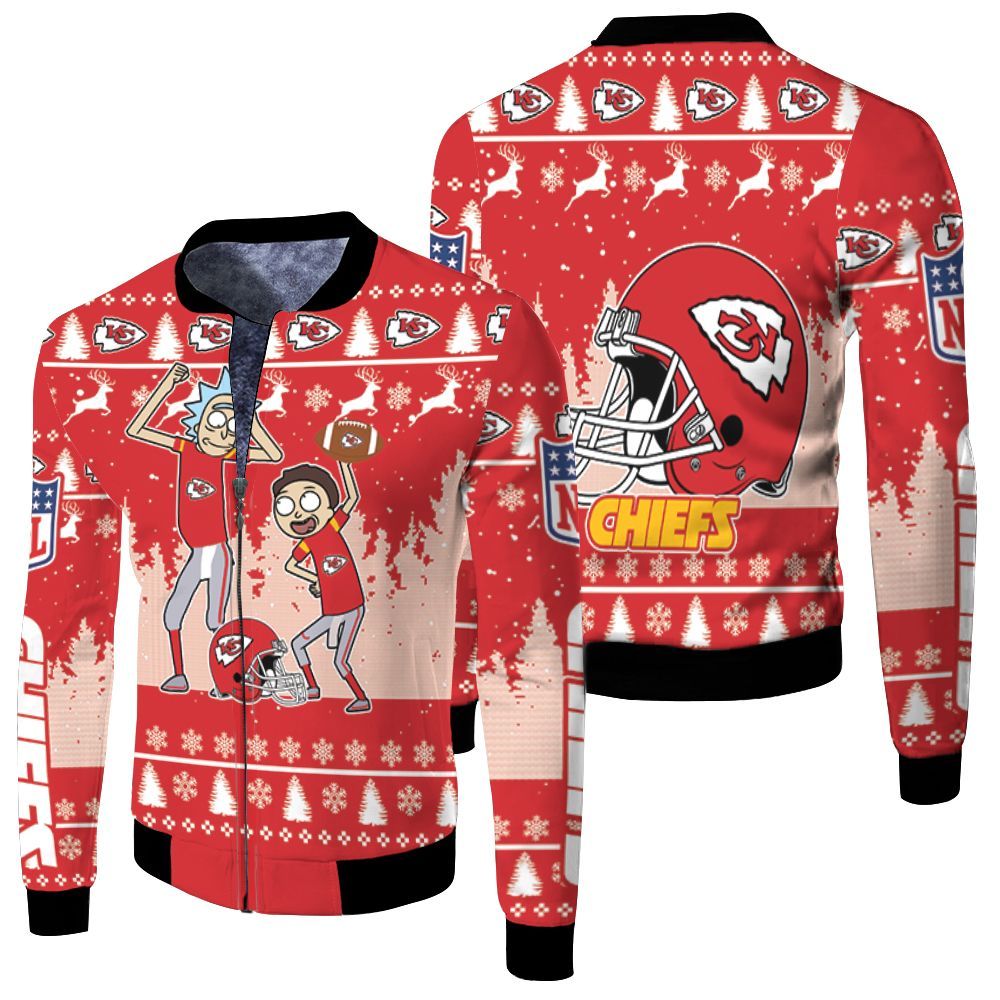 Kansas-City-Chiefs-NFL-2020-Season-Rick-Morty-Dancing-Knitting-3D-Fleece-Bomber-Jacket Kansas City Chiefs NFL 2020 Season Rick & Morty Dancing Knitting 3D Fleece Bomber Jacket
