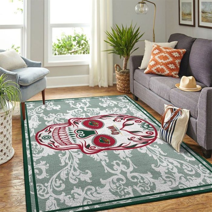 Minnesota Wild NHL Team Logo Skull Flower Style Nice Gift Home Decor Rectangle Area Rug