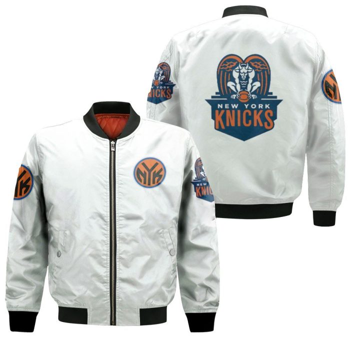 New York Knicks Basketball Classic Mascot Logo Gift For Knicks Fans White Bomber Jacket
