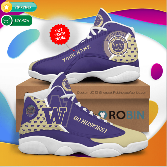 Personalized Name Washington Huskies Jordan 13 Sneakers - Custom JD13 Shoes