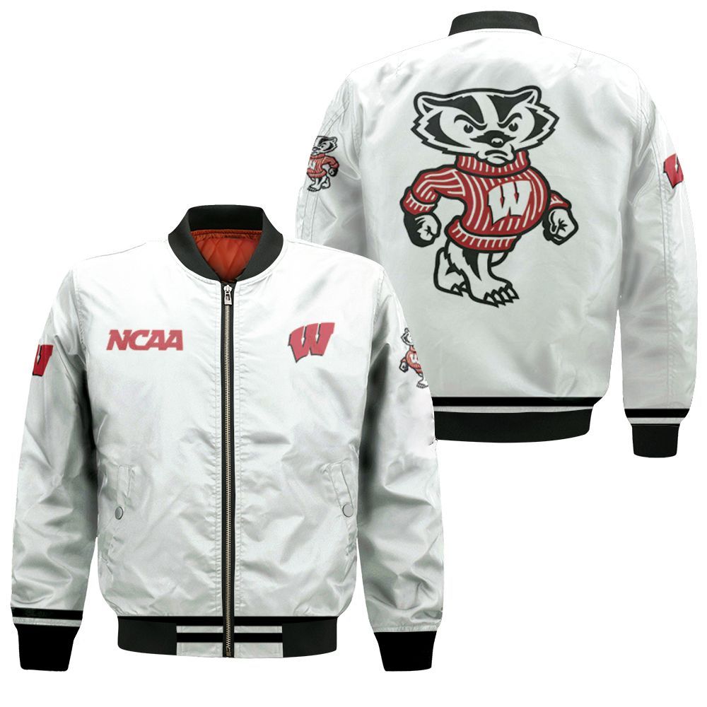 Wisconsin-Badgers-Ncaa-Classic-White-With-Mascot-Logo-Gift-For-Wisconsin-Badgers-Fans-Bomber-Jacket Wisconsin Badgers Ncaa Classic White With Mascot Logo Gift For Wisconsin Badgers Fans Bomber Jacket