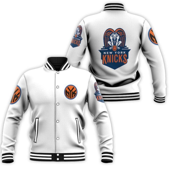 New York Knicks Basketball Classic Mascot Logo Gift For Knicks Fans White Baseball Jacket