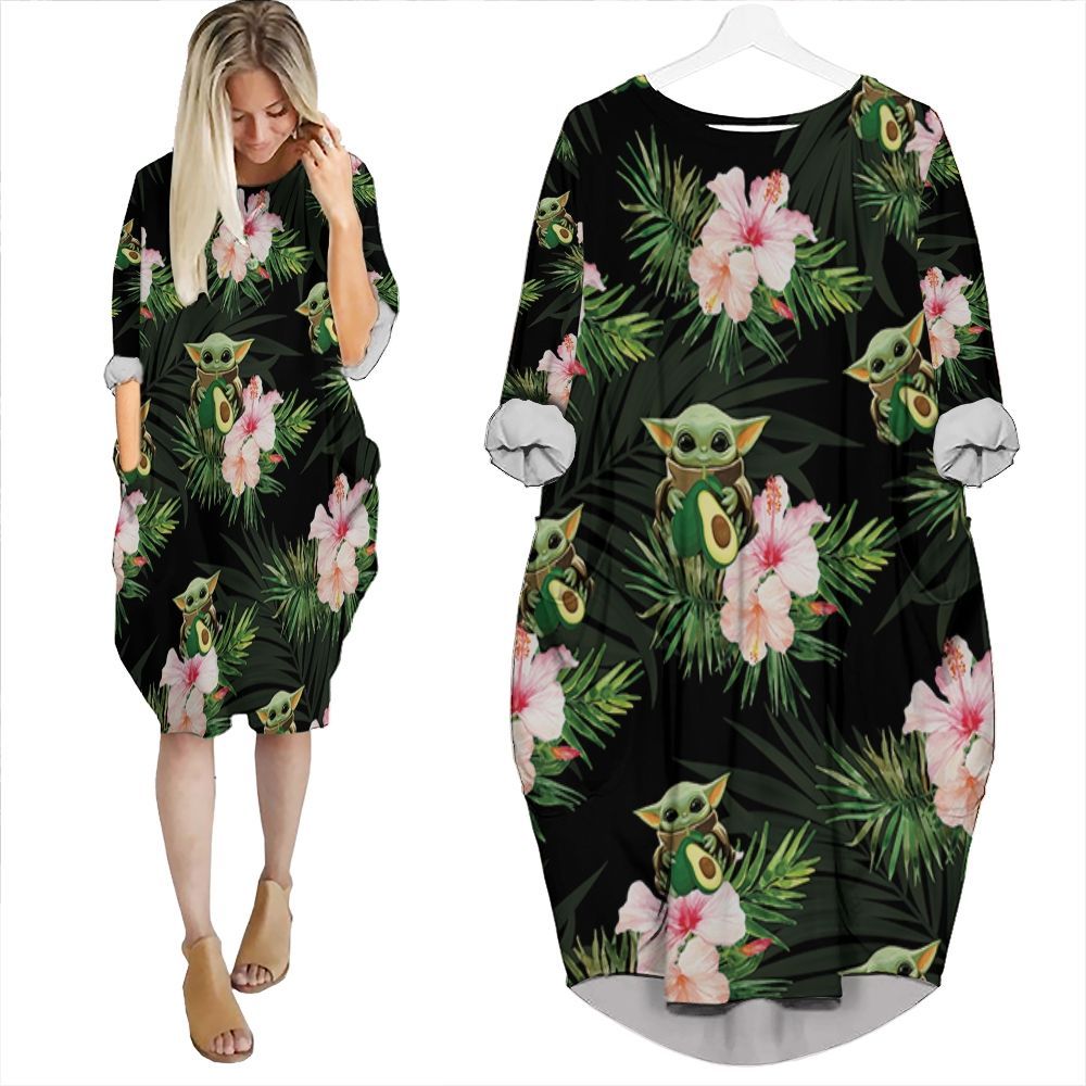 Baby Yoda Hugging Avocadoes Seamless Tropical Flowers And Green Leaves On Black Batwing Pocket Dress PD389