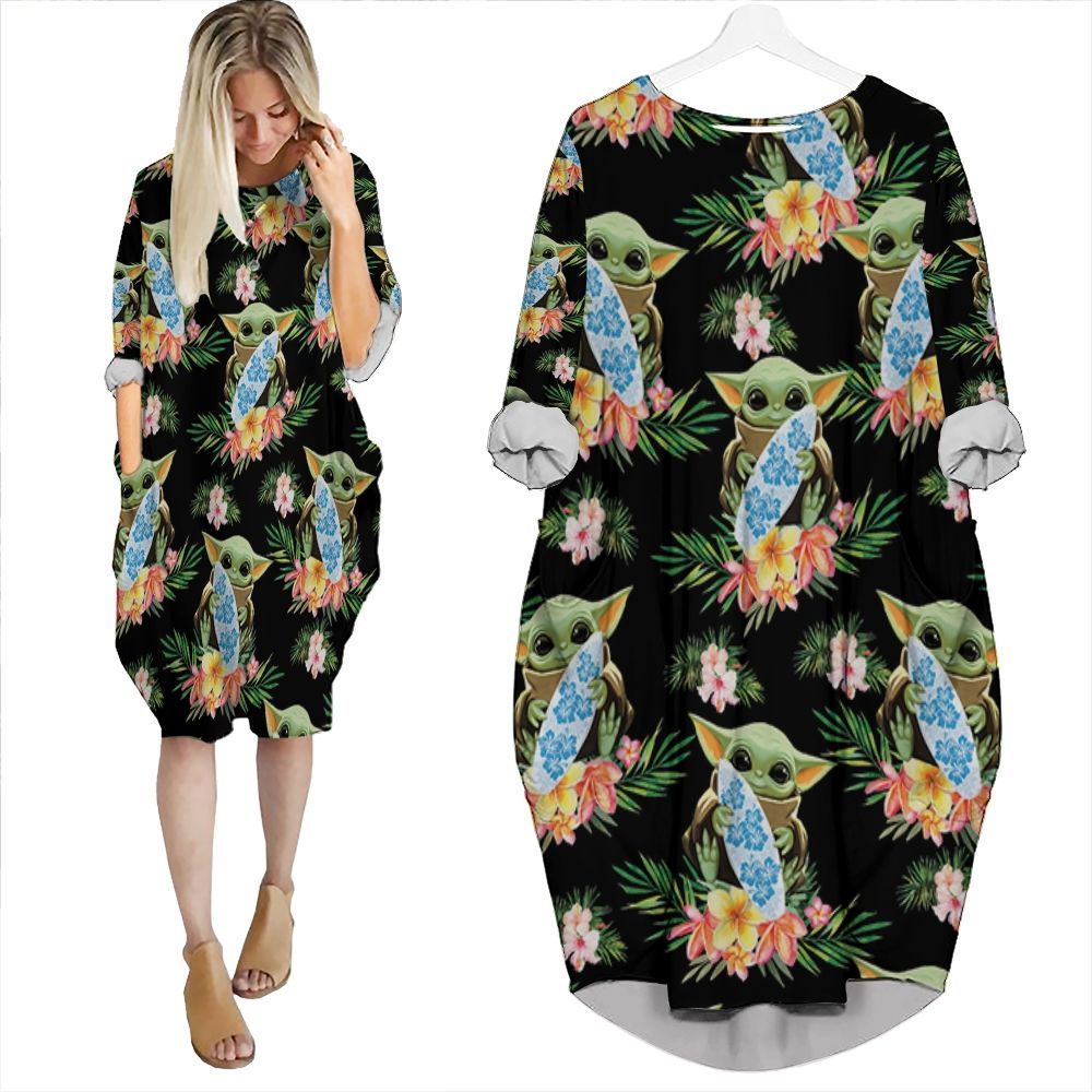 Baby Yoda Hugging Surf Boards Seamless Tropical Green Leaves On Black Batwing Pocket Dress PD483