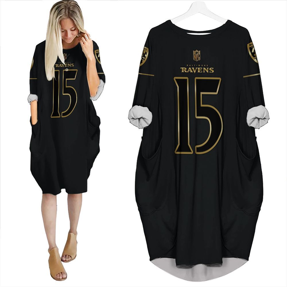 Baltimore Ravens Marquise Brown #15 Nfl Team Black Golden Edition Batwing Pocket Dress