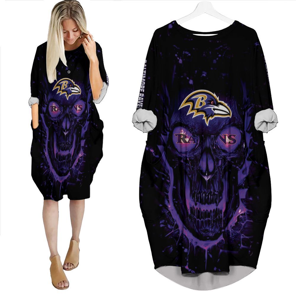 Baltimore Ravens Nfl Skull For Fan 3D Batwing Pocket Dress PD3236