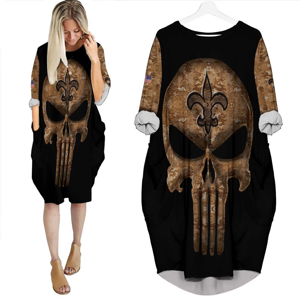 Camouflage Skull New Orleans Saints American Flag 3D Batwing Pocket Dress PD3440