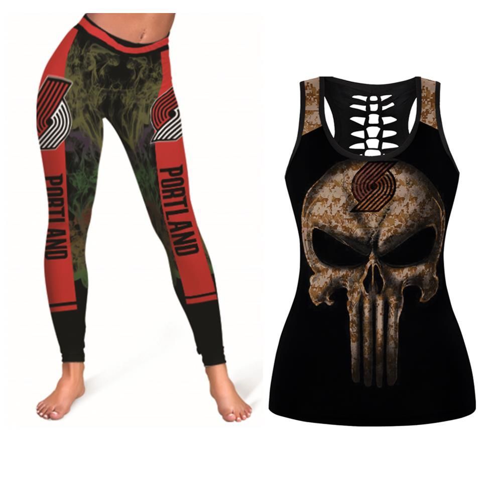 Camouflage Skull Portland Trail Blazers American Flag Legging Tanktop For Portland Trail Blazers Fans