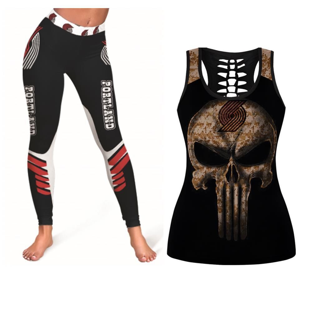 Camouflage Skull Portland Trail Blazers American Flag Woman Legging Tanktop For Portland Trail Blazers Fans