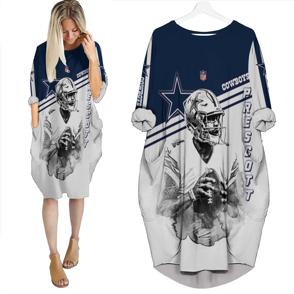 Dak Prescott 2 Dallas Cowboys Black & White 3D Batwing Pocket Dress PD3920