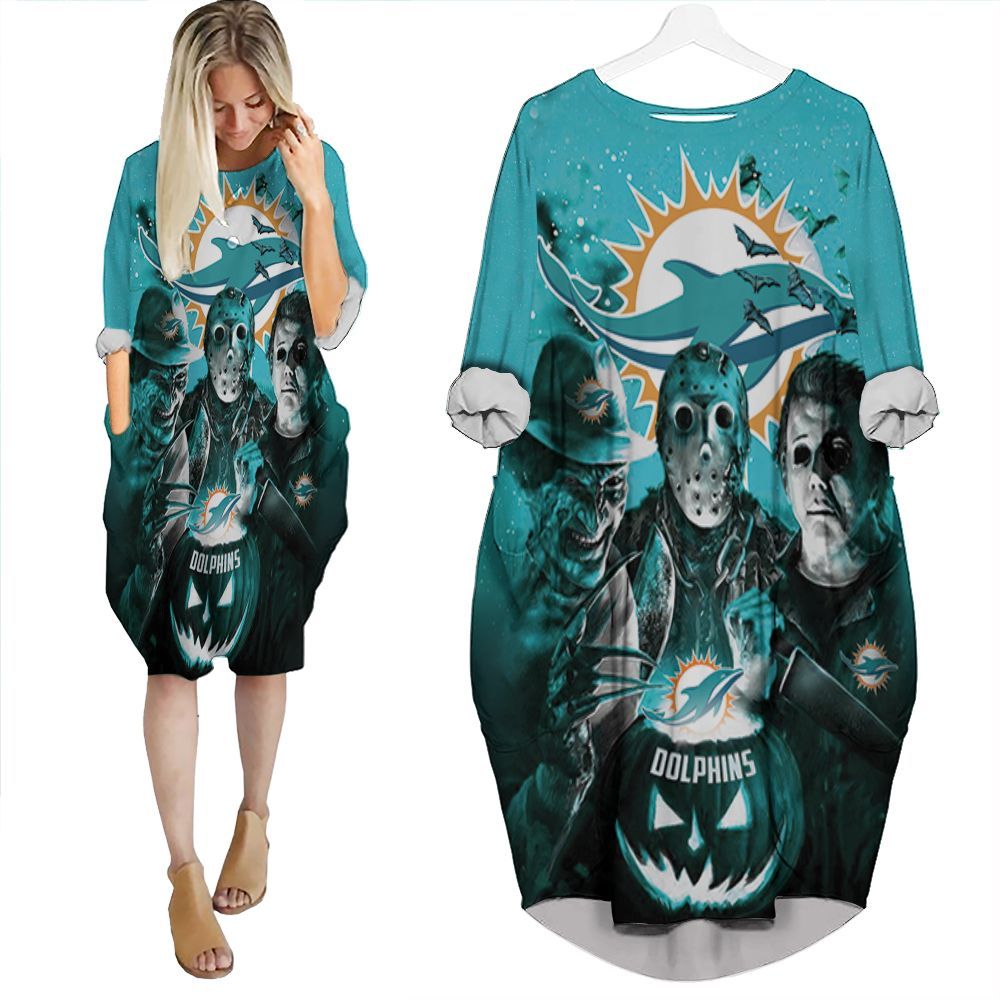 Freddy Jason Michael Myers Loves Dolphins Pumpkin Head Halloween Batwing Pocket Dress PD649