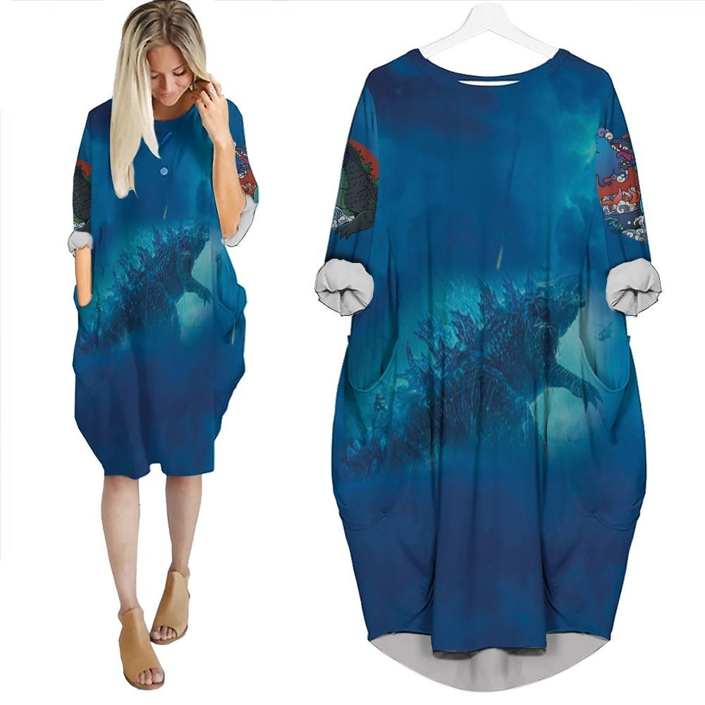 Godzilla Fighting To Humans Batwing Pocket Dress PD721
