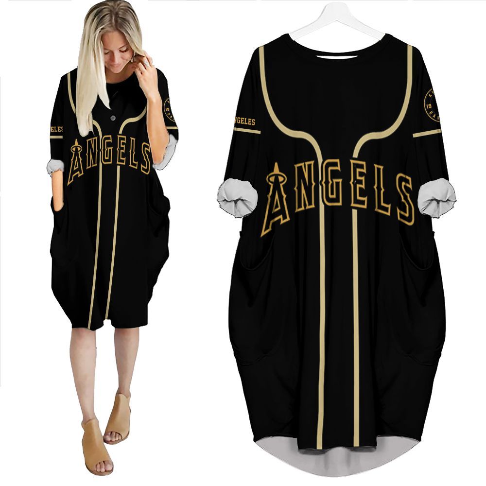 Personalized Los Angeles Angels 00 Anyname 2020 Mlb Golden Black Inspired Style Gift For Los Angeles Angels Fans Batwing Pocket Dress PD2100