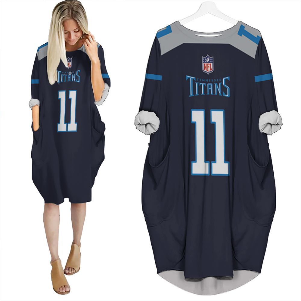 Tennessee Titans A J Brown #1 Nfl New Game Navy 2019 3D Gift For Titans Fans Batwing Pocket Dress PD2901