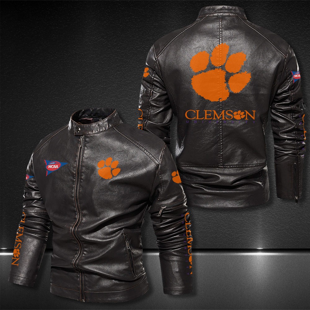 Clemson-Tigers-Motor-Collar-Leather-Jacket-For-Biker-Racer Clemson Tigers Motor Collar Leather Jacket For Biker Racer