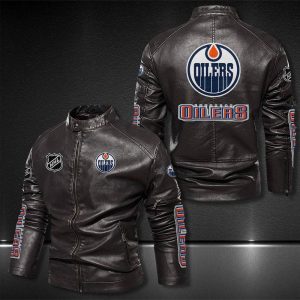 Edmonton Oilers Motor Collar Leather Jacket For Biker Racer