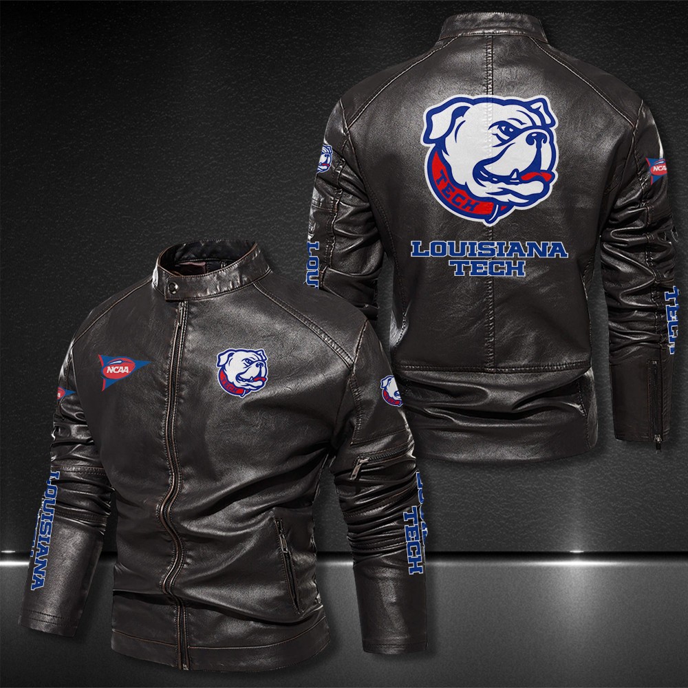 Louisiana-Tech-Bulldogs-Motor-Collar-Leather-Jacket-For-Biker-Racer Louisiana Tech Bulldogs Motor Collar Leather Jacket For Biker Racer