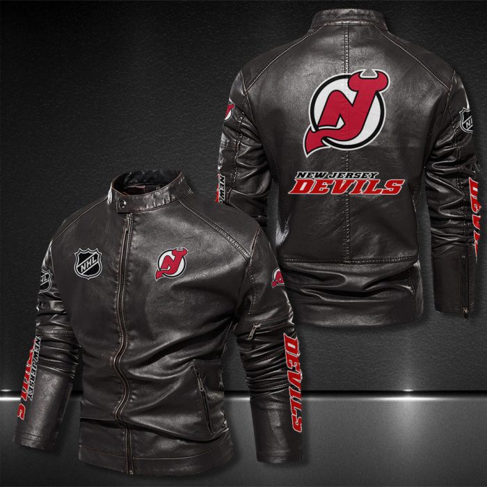 New Jersey Devils Motor Collar Leather Jacket For Biker Racer