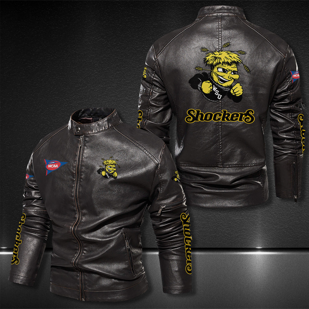Wichita-State-Shockers-Motor-Collar-Leather-Jacket-For-Biker-Racer Wichita State Shockers Motor Collar Leather Jacket For Biker Racer