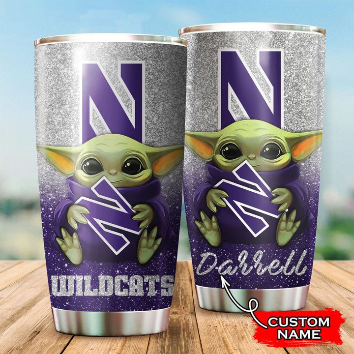 Northwestern-Wildcats-Baby-Yoda-Custom-Name-Tumbler-TB0686 Northwestern Wildcats Baby Yoda Custom Name Tumbler TB0686