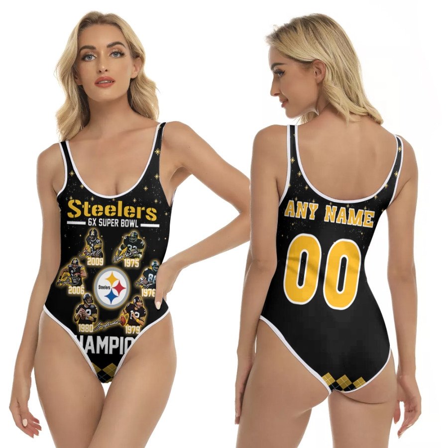 Pittsburgh-Steelers-6-Times-Super-Bowl-Champions-Legends-Team-NFL-3D-With-Custom-Name-Number-For-Steelers-Fans-One-Piece-Swimsuit Pittsburgh Steelers 6 Times Super Bowl Champions Legends Team NFL 3D With Custom Name Number For Steelers Fans One Piece Swimsuit