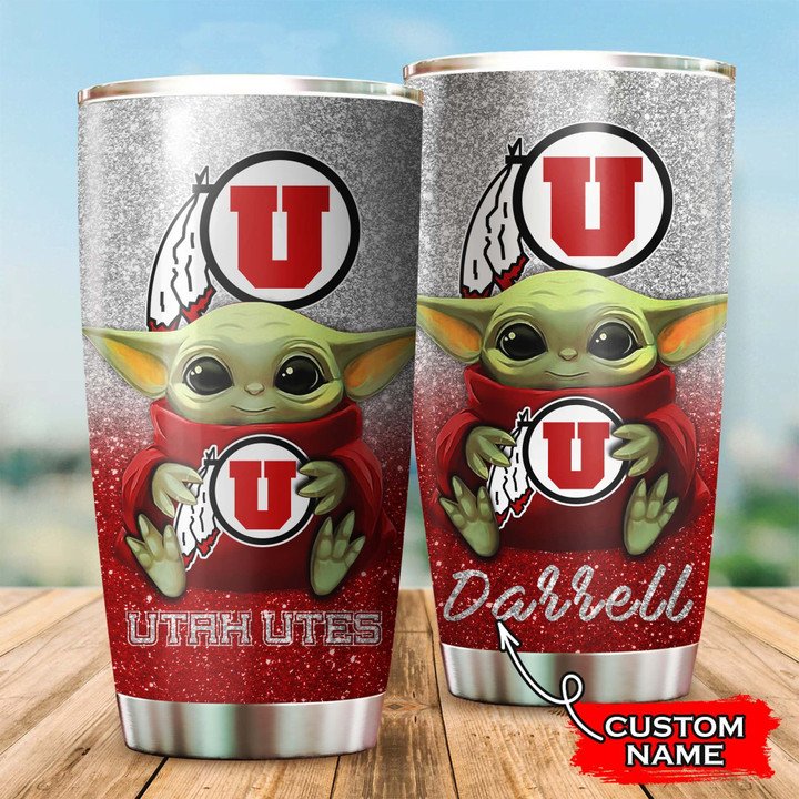 Utah-Utes-Baby-Yoda-Custom-Name-Tumbler-TB0182 Utah Utes Baby Yoda Custom Name Tumbler TB0182