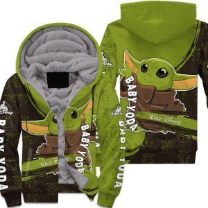 Baby Yoda Green Black Pattern Stripes Disney Fleece Pullover Zipped Up Unisex Hoodie