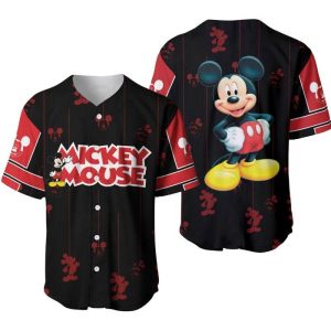 Mickey Mouse Black Red Stripes Patterns Walt Disney Unisex Cartoon Casual Outfits Custom Baseball Jersey