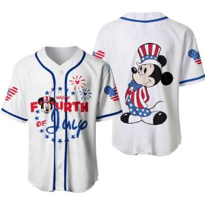 Mickey Mouse Happy 4th Of July White Blue Disney Unisex Cartoon Graphics Casual Outfits Custom Baseball Jersey