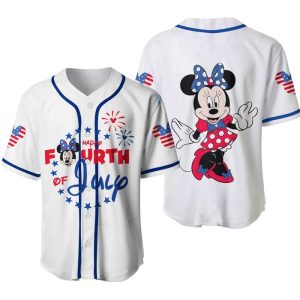 Minnie Mouse Happy 4th Of July White Blue Disney Unisex Cartoon Graphics Casual Outfits Custom Baseball Jersey