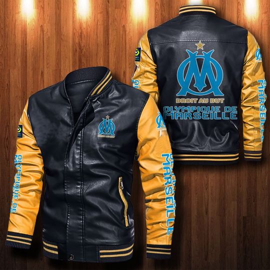 Olympique-De-Marseille-Leather-Bomber-Jacket-CTLBJ087 Olympique De Marseille Leather Bomber Jacket  CTLBJ087