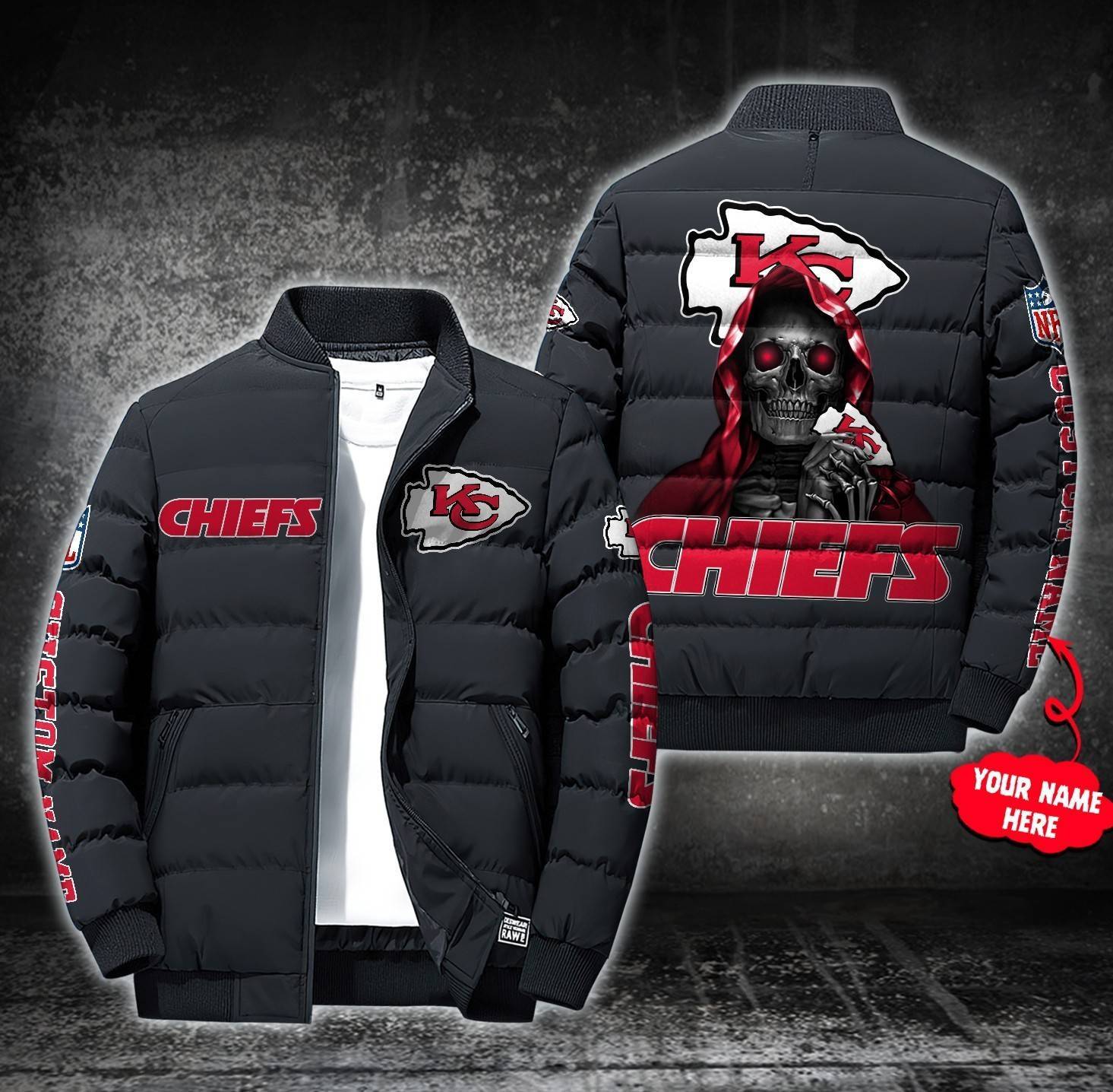 NFL-Kansas-City-Chiefs-Custom-Name-Skull-Down-Jacket-Puffer-Jacket-PJ043 NFL Kansas City Chiefs Custom Name Skull Down Jacket Puffer Jacket PJ043