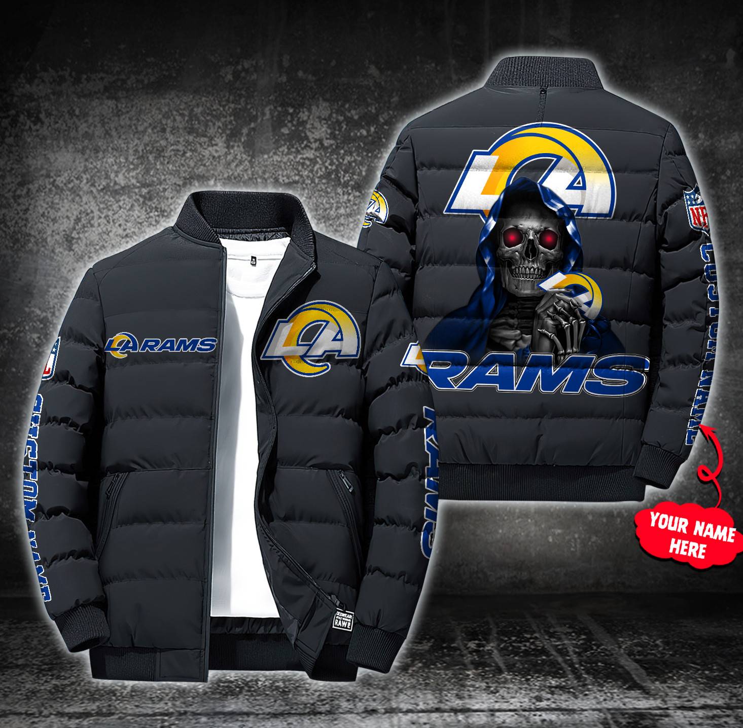 NFL-Los-Angeles-Rams-Custom-Name-Skull-Down-Jacket-Puffer-Jacket-PJ054 NFL Los Angeles Rams Custom Name Skull Down Jacket Puffer Jacket PJ054