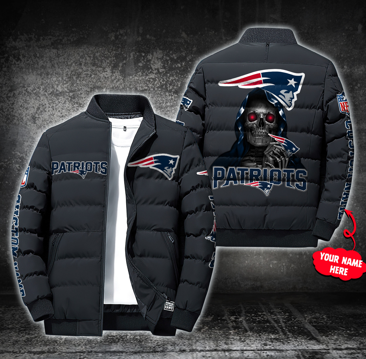 NFL-New-England-Patriots-Custom-Name-Skull-Down-Jacket-Puffer-Jacket-PJ037 NFL New England Patriots Custom Name Skull Down Jacket Puffer Jacket PJ037