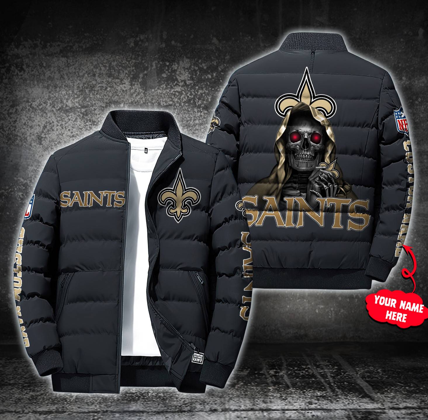 NFL-New-Orleans-Saints-Custom-Name-Skull-Down-Jacket-Puffer-Jacket-PJ050 NFL New Orleans Saints Custom Name Skull Down Jacket Puffer Jacket PJ050