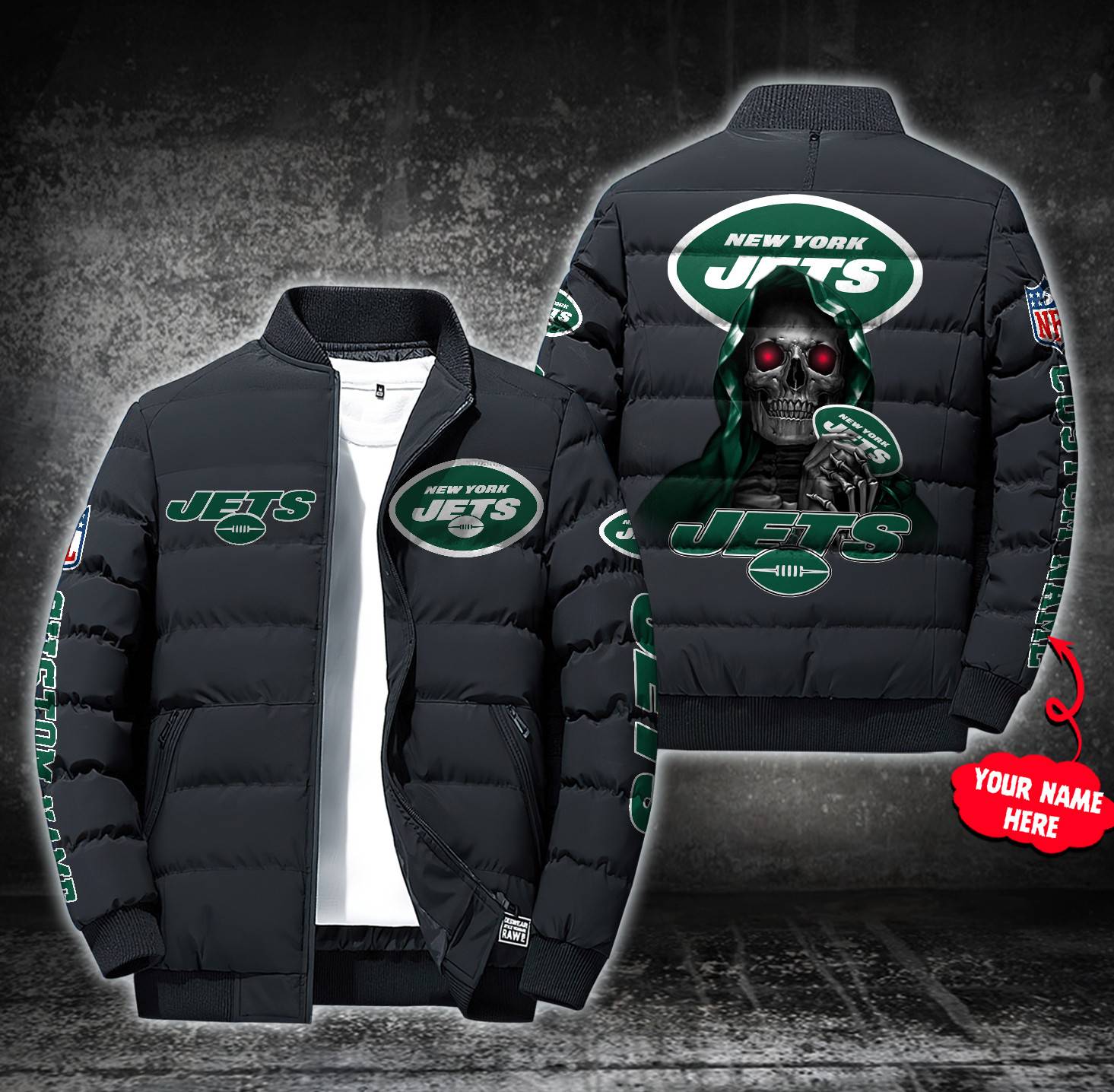 NFL-New-York-Jets-Custom-Name-Skull-Down-Jacket-Puffer-Jacket-PJ048 NFL New York Jets Custom Name Skull Down Jacket Puffer Jacket PJ048