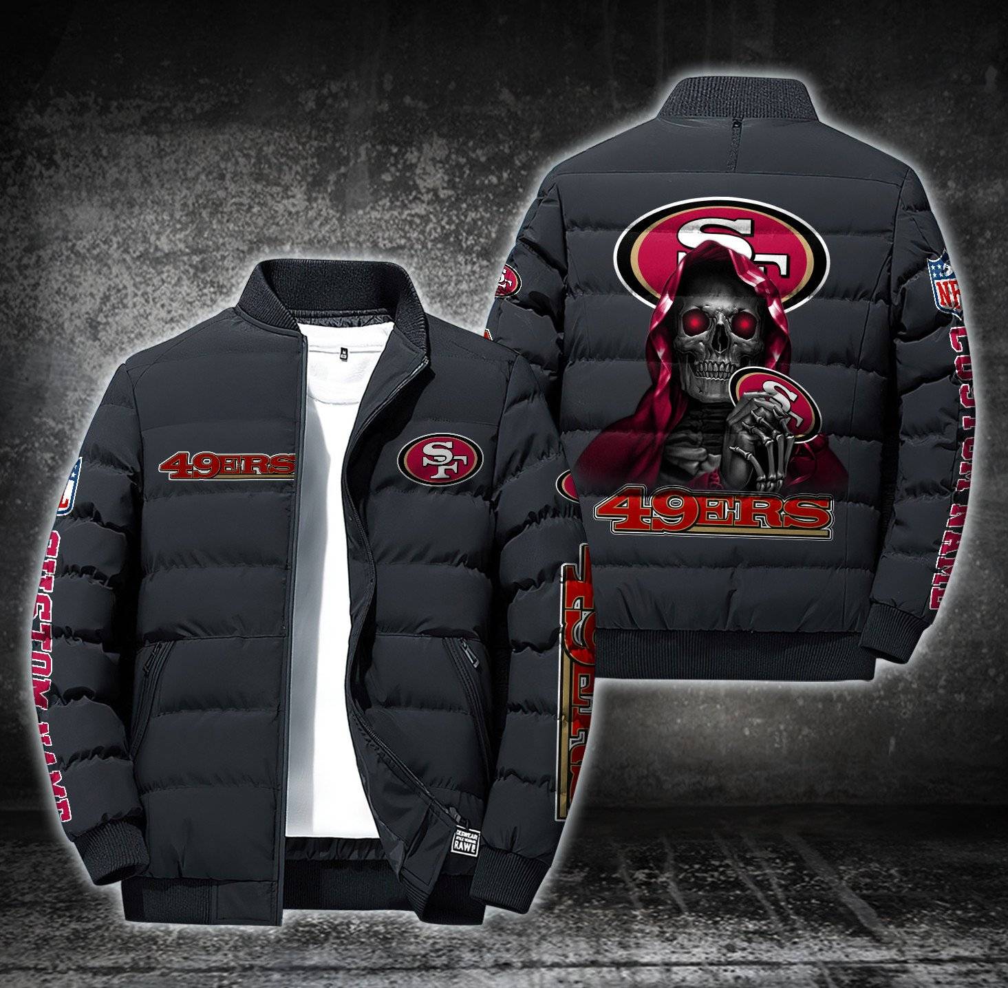 NFL-San-Francisco-49ers-Custom-Name-Skull-Down-Jacket-Puffer-Jacket-PJ047 NFL San Francisco 49ers Custom Name Skull Down Jacket Puffer Jacket PJ047