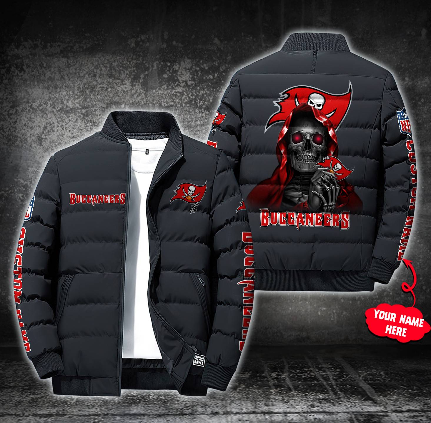 NFL-Tampa-Bay-Buccaneers-Custom-Name-Skull-Down-Jacket-Puffer-Jacket-PJ057 NFL Tampa Bay Buccaneers Custom Name Skull Down Jacket Puffer Jacket PJ057