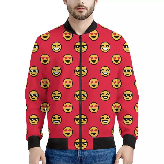 8-Bit Emoji Pattern Print Bomber Jacket