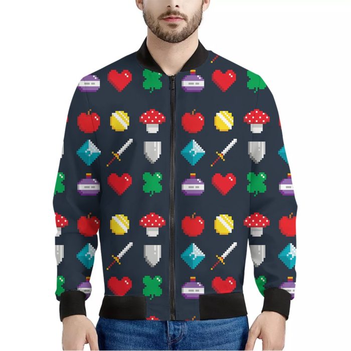 8-Bit Pixel Game Items Print Bomber Jacket