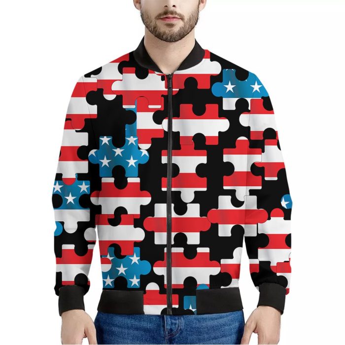 American Flag Jigsaw Puzzle Print Bomber Jacket