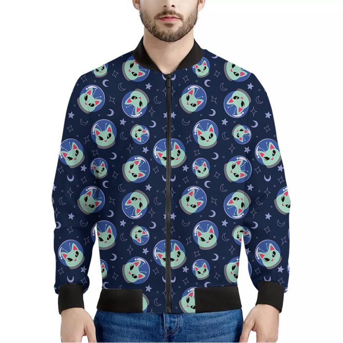 Astronaut Alien Cat Print Bomber Jacket