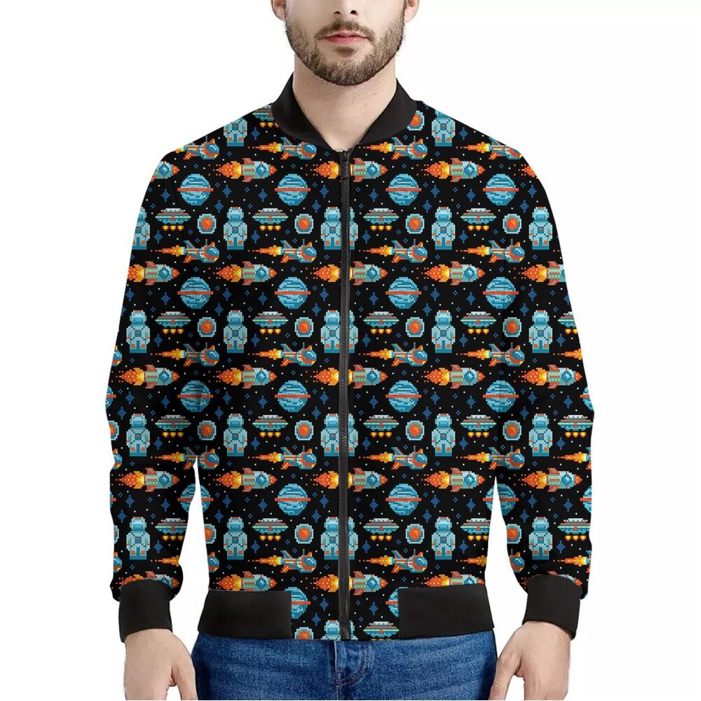 Astronaut And Space Pixel Pattern Print Bomber Jacket – We sell ...