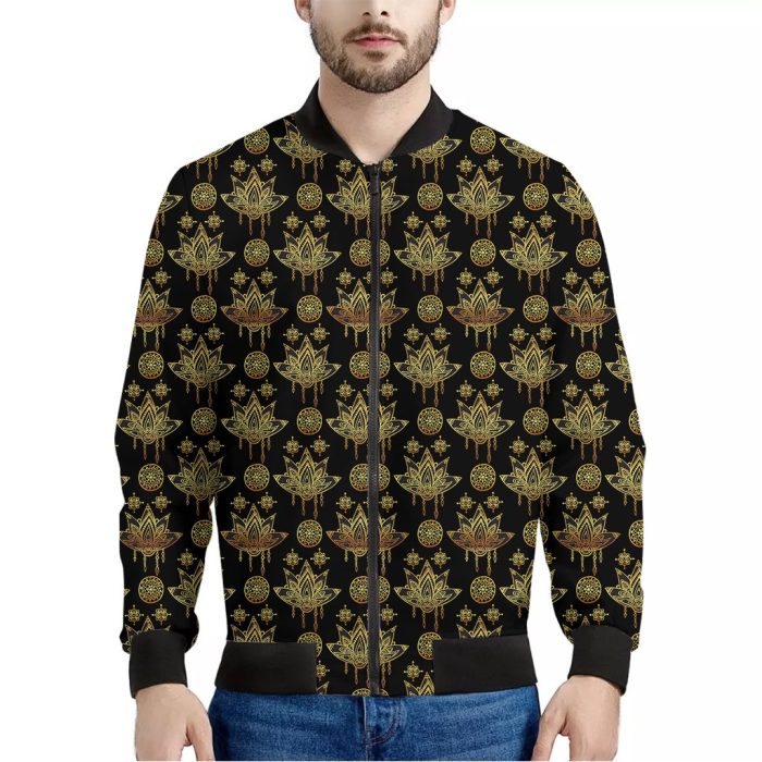 Black And Gold Lotus Flower Print Bomber Jacket