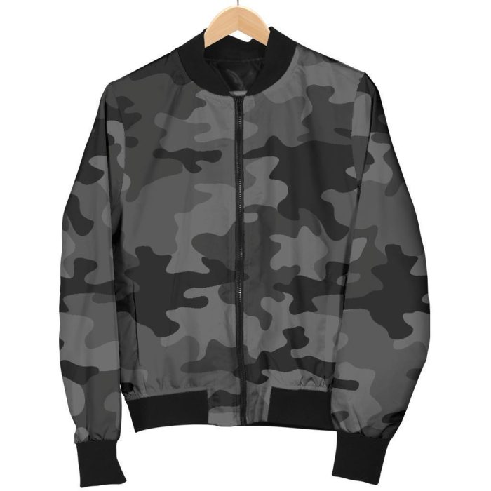 Black And Grey Camouflage Print Bomber Jacket