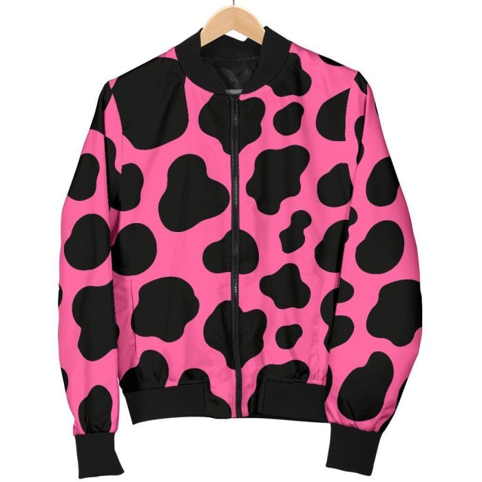 Black And Hot Pink Cow Print Bomber Jacket
