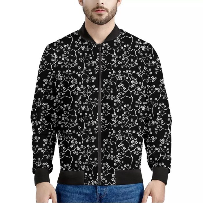 Black And White Cherry Blossom Print Bomber Jacket