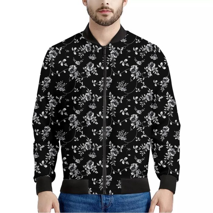 Black And White Flower Print Bomber Jacket